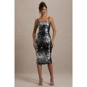 $290 NWT Avec Les Filles Sequin Midi Dress Silver Black Adjustable Straps Slit